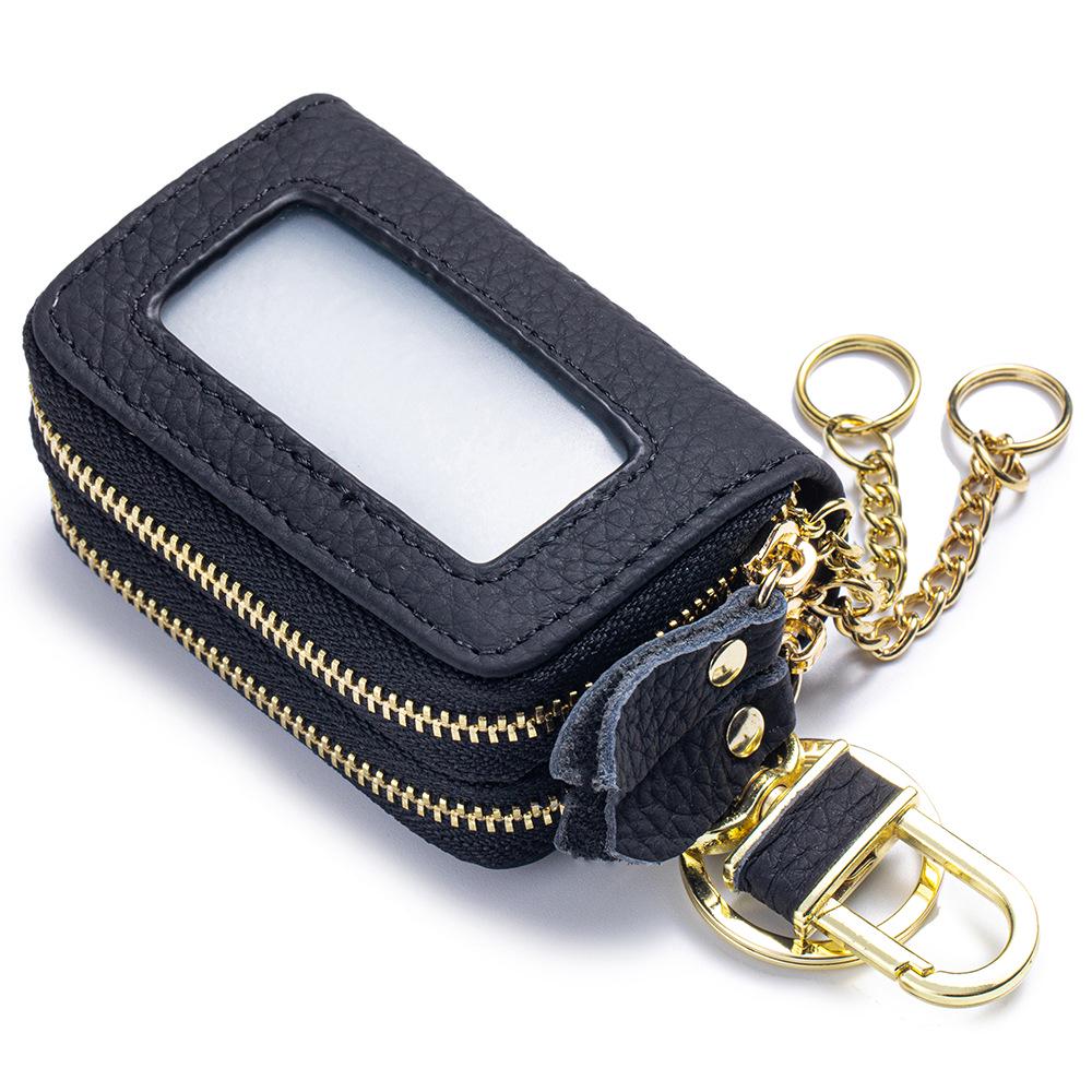 Unisex Genuine Leather Double Zipper Key Holder Waist Bag