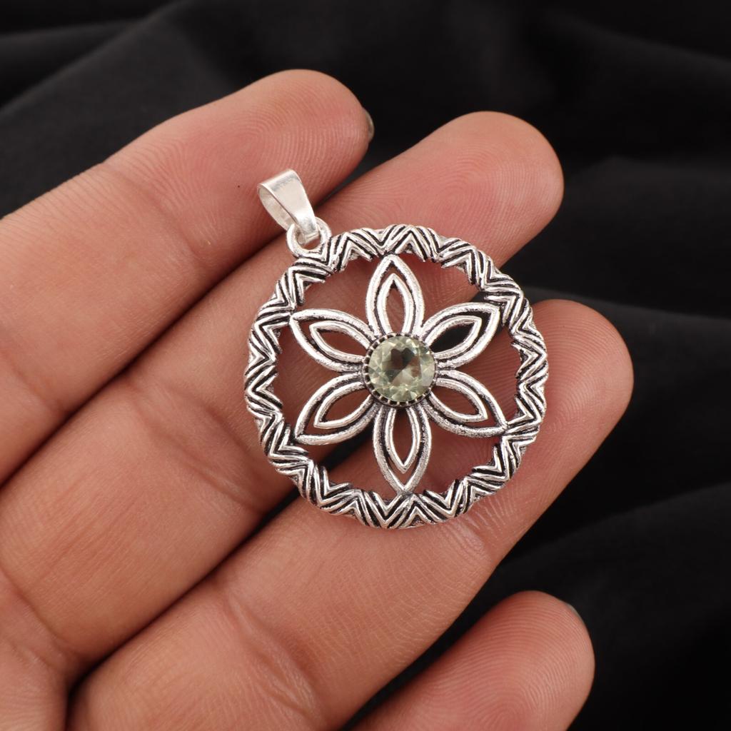 Natural Green Amethyst Gemstone 925 Sterling Silver Handcrafted Pendant 1.48" CP-29-9