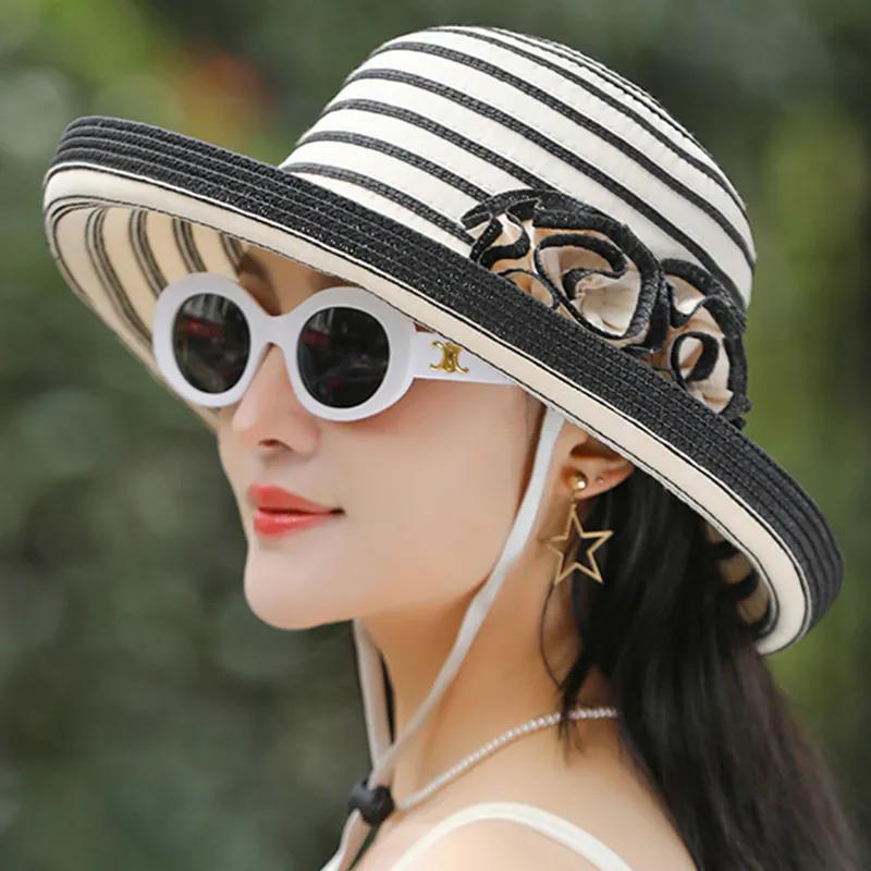WTEMPO Windproof Rope Two-flower Solid Color Spring Summer Foldable Straw Hats Women's Wide Brim Travel Beach Breathable Sun Hats