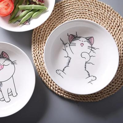 Lot de 2 assiettes en céramique motif chat, motif original, vaisselle pour enfants, fruits, steak, petit-déjeuner, fruits, dîner