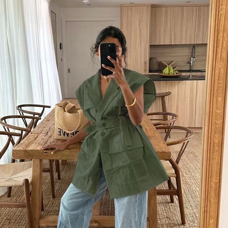 

European and American Sleeveless Cargo Shirts Multi-pockets Belt Loose Top Waist Tightening Loose Top Green S