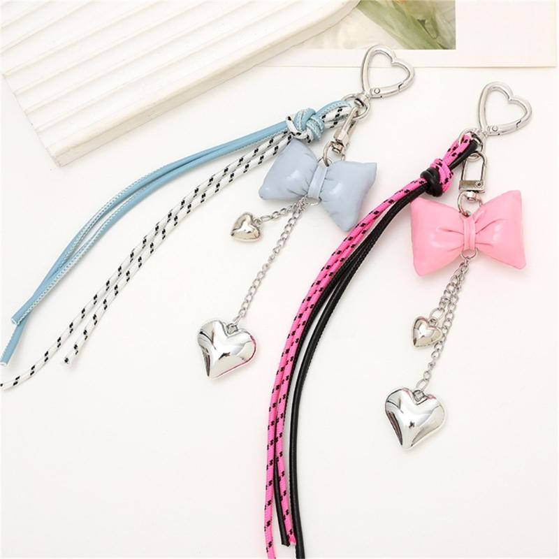 Trendy Korean Inspired Leather Tassels Bows Hanging Ornament Phone Charm Bag Accessories Key Holder for Stylish Women