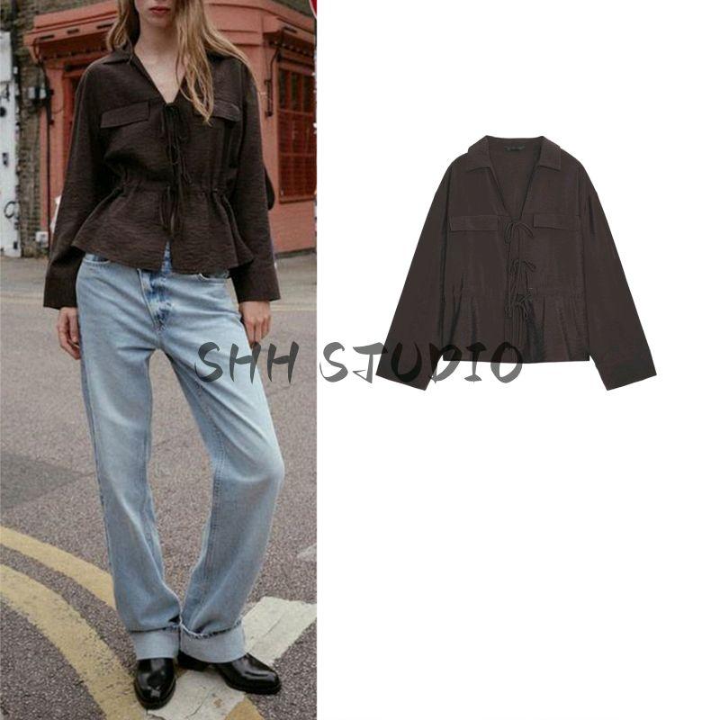 Autumn New Product Women Clothes French Style Design Sense Bowknot Decoration Long Sleeve V-neck Leisure Shirts Top 8751526