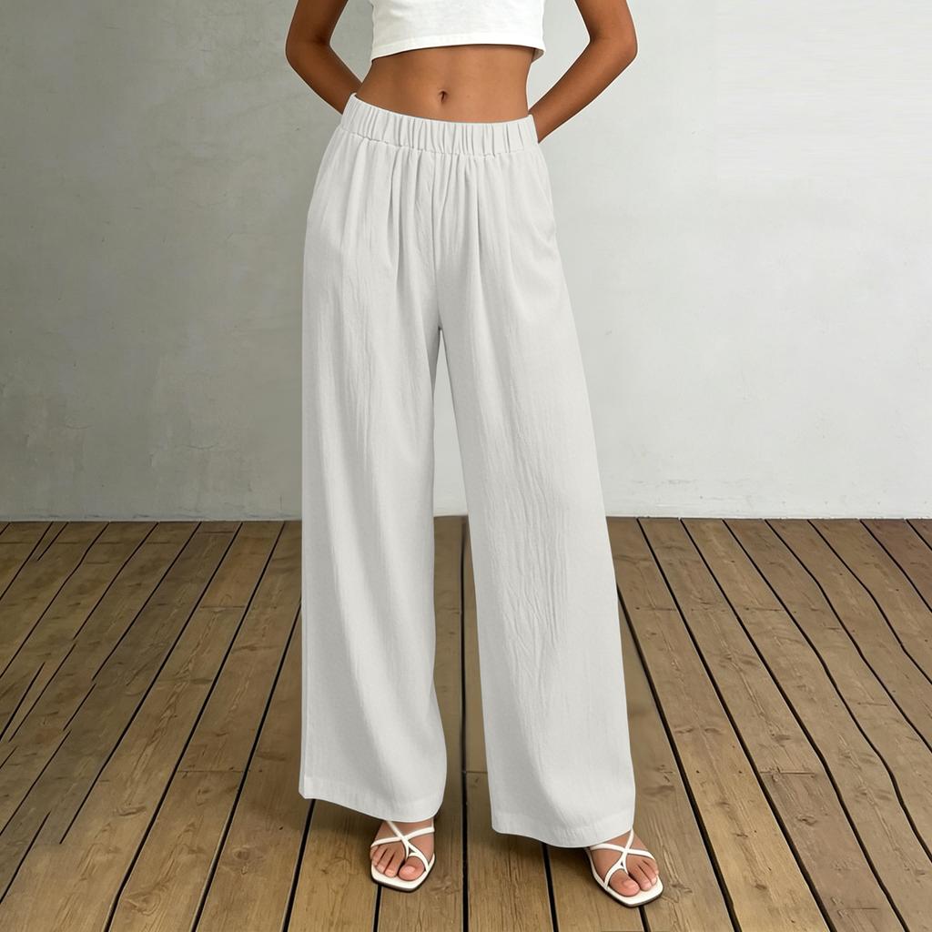 Damen High Waist Wide Leg Hose mit elastischem Bund Lockerer Schnitt Leichter fließender Stoff mit Taschen für Freizeitkleidung