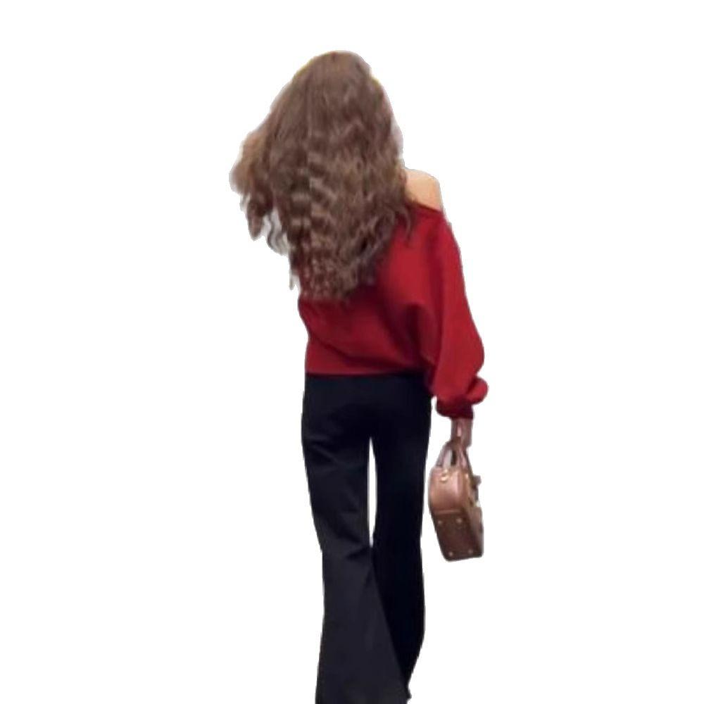 Women's Korean-Style Off-Shoulder Red Knit Sweater, Loose Fit, Autumn & Winter Wear