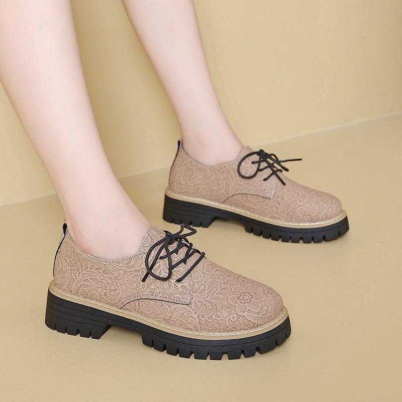 Loafer Herbst Neu Runde Spitze Tiefer Ausschnitt Schnürung Vorne Plateau Rutschfest Verschleißfest Blockabsatz Einzelne Schuhe