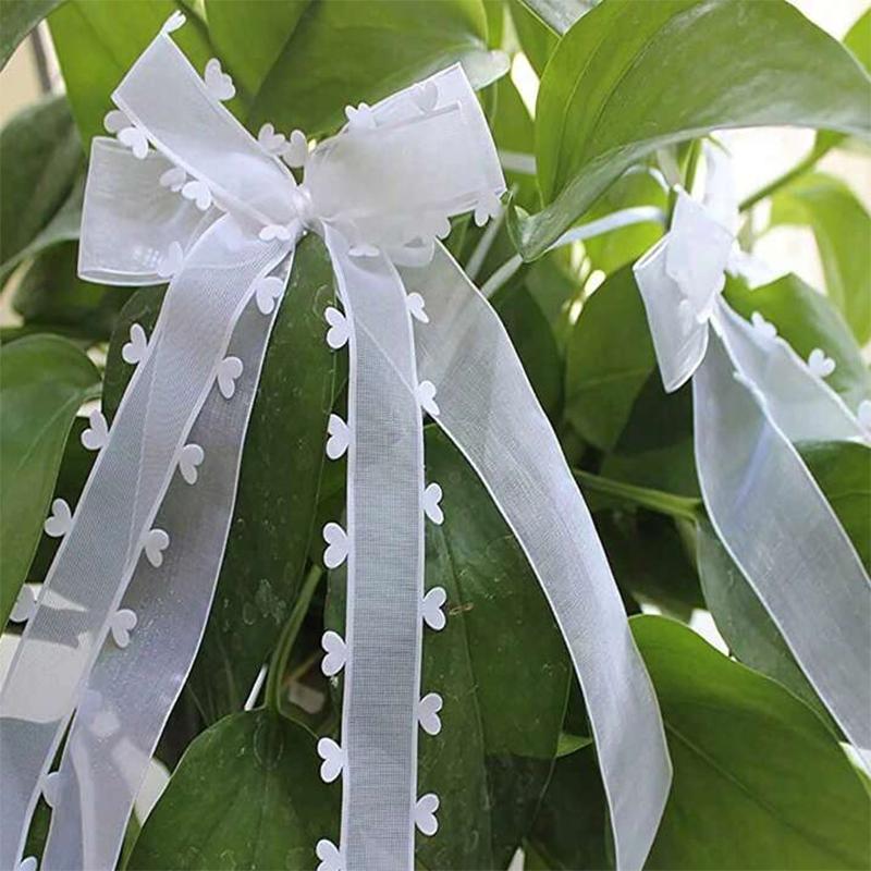 WTEMPO Fundă din panglică de tifon în formă de inimă, Decor de petrecere, Fundă albă, Ideală pentru nuntă și ziua de naștere, Decor pentru mașina de nuntă, Fundă din panglică