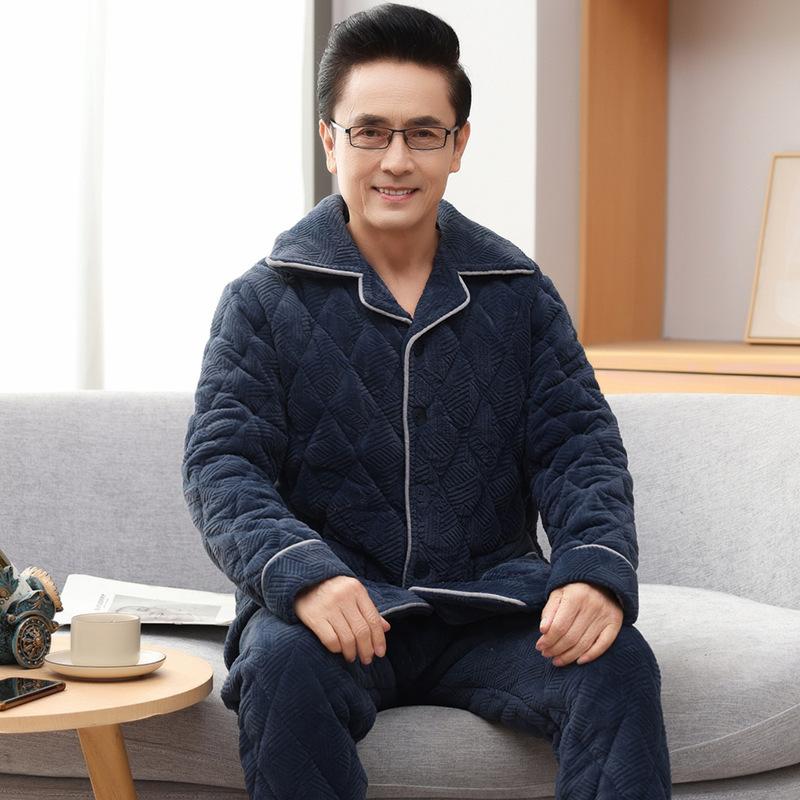 Winter Coral Fleece Men's Pajamas Three-layer Thick Quilted Middle-aged and Elderly Grandpa Flannel Home Service Padded Jacket Suit