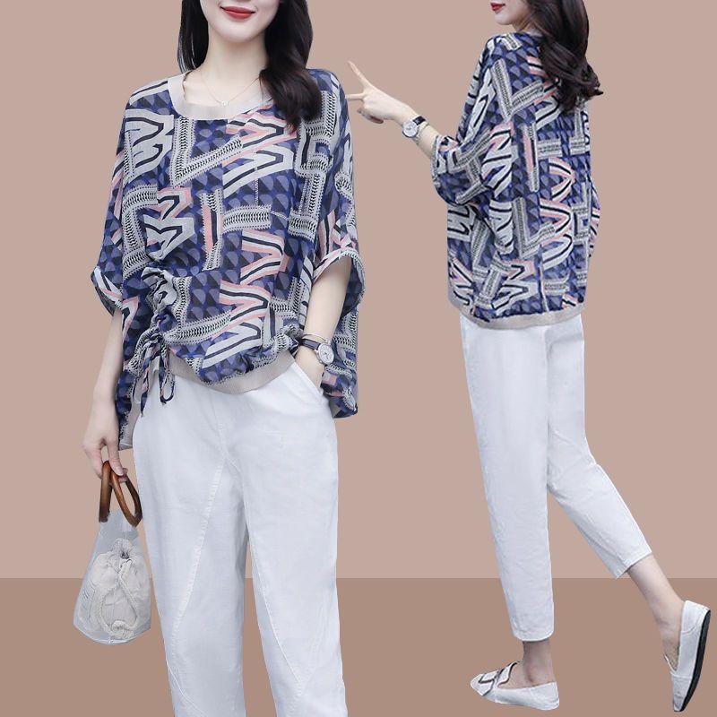 

2 Piece Sets Women Casual Tops and Pants Summer Simple Style Vintage Embroidery Loose Female Suit 4XL