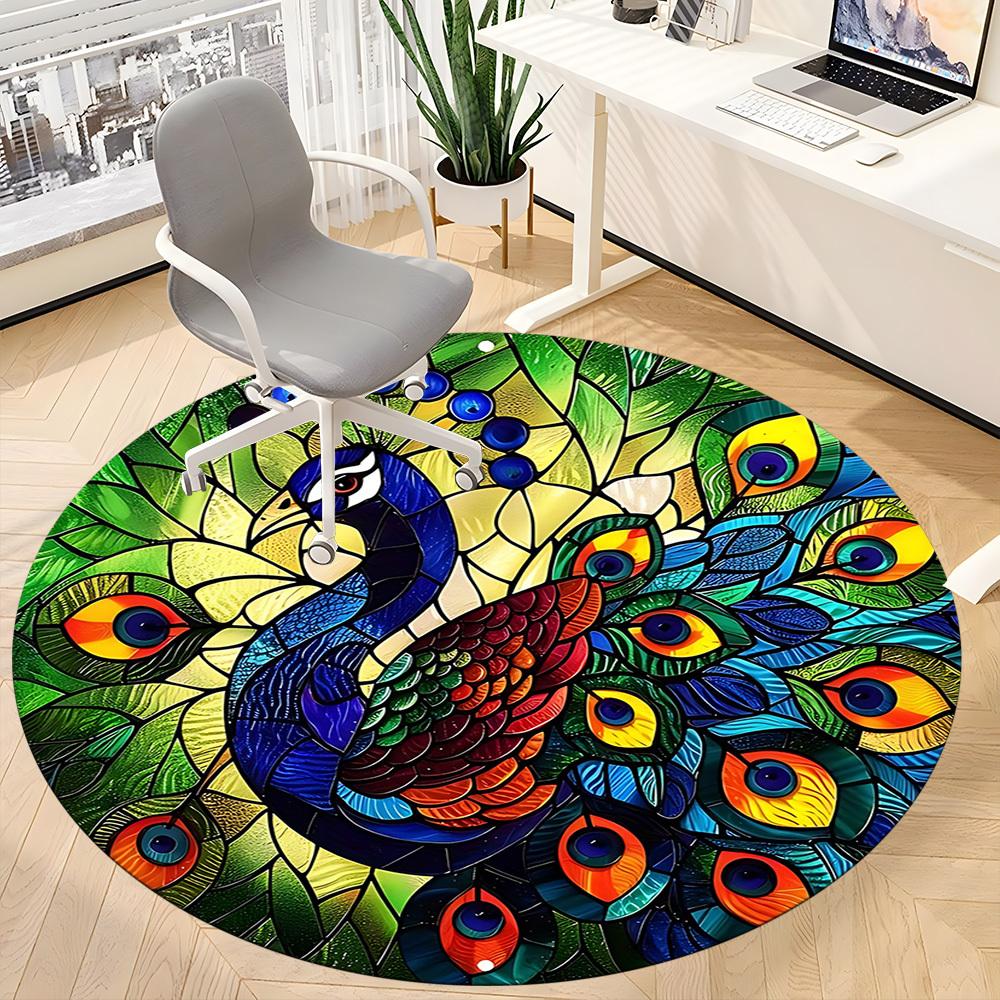1 Stück Pfauen-Buntglas-Büro-Runder Teppich, Unter Bürostühlen Schlafzimmer Wohnzimmer Heimdekoration, Raumdeko