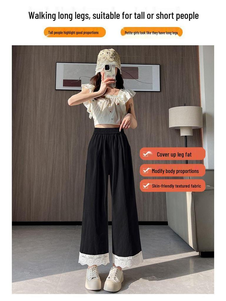 Women's Lace-Trimmed Wide-Leg Pants: Spring/Summer Loose-Fit, Slimming, Plus-Size, Petite Casual Nine-Point Sports Pants