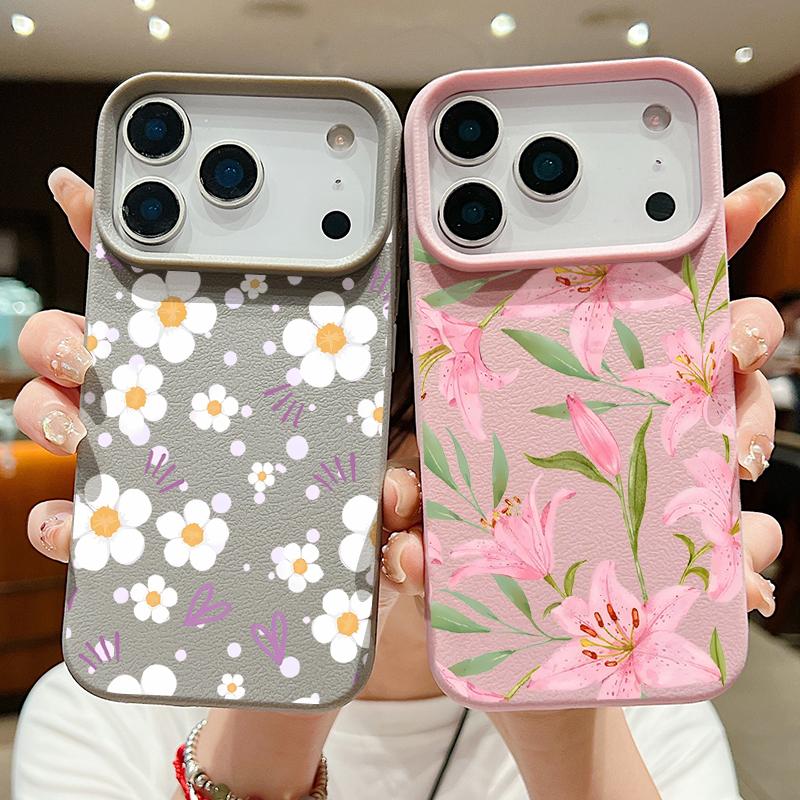For iPhone 18 Pro Max Case White Flowers Print Leather Texture Silicone Cover For iPhone 17 16 15 14 13 Pro Max 16E 17E