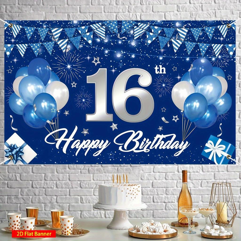 2D Plane, 1 Piece of Blue 16th Birthday Decoration Banner, Suitable for Boys and Girls In Navy Blue