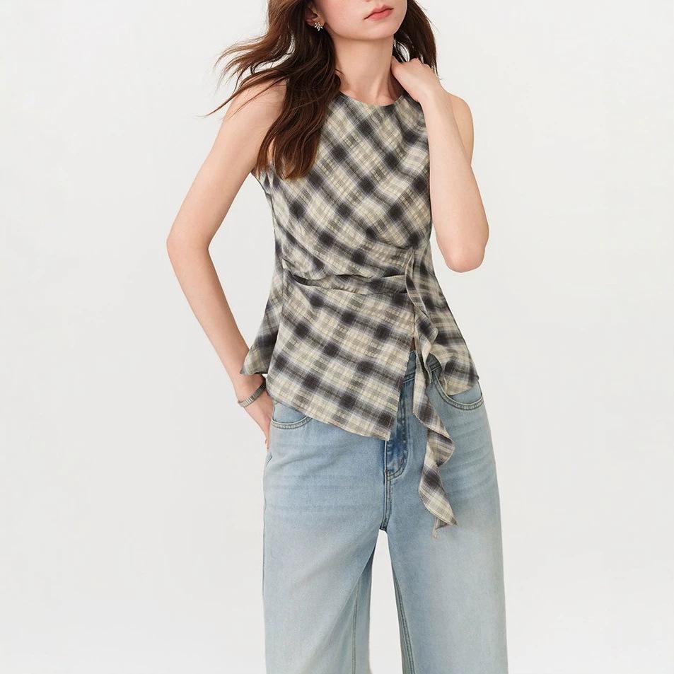 Versailles Lane Vintage Plaid Round Neck Slimming Sleeveless Shirt for Women, New Summer Ribbon Shirt