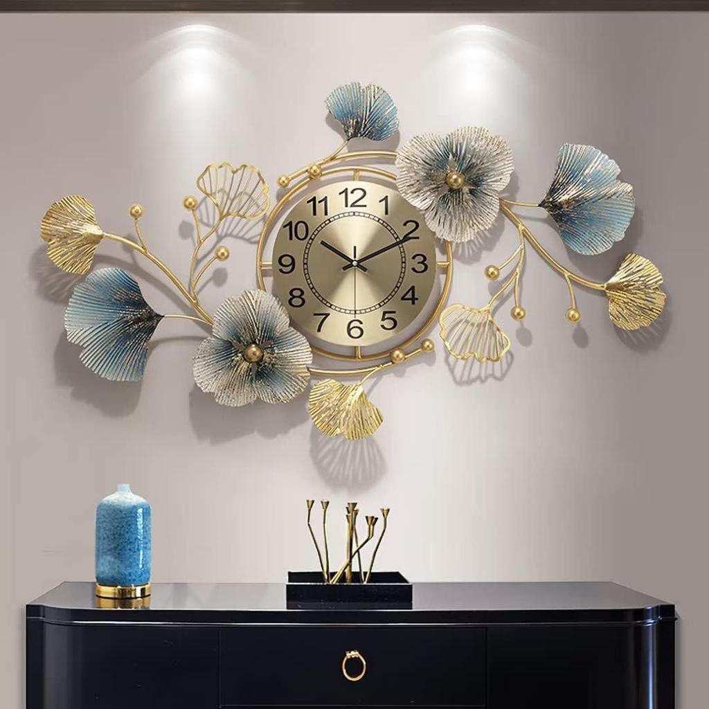 37 Inch Metal Ginkgo Leaf Wall Clock   Silent Quartz Movement No Ticking   Decorative Oversized Clock for Living Room Bedroom Home Decor