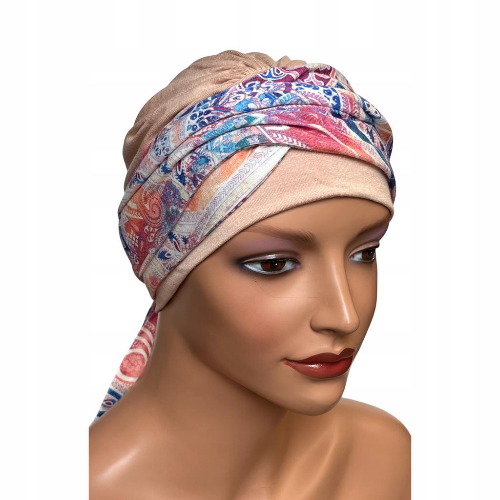 Turban Damski Na Głowę Lena Beż-421 Chusta Marszczona Bambusa Miła W Dotyku