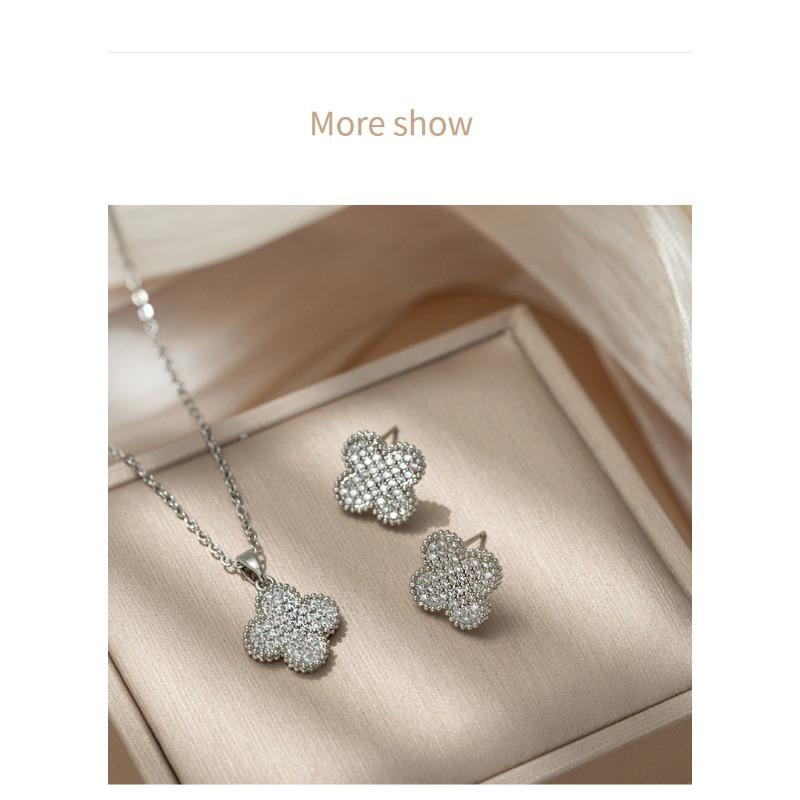 Korean Style Light Luxury Four Leaf Flower Zircon Inlaid Necklace And Earrings Set For Women