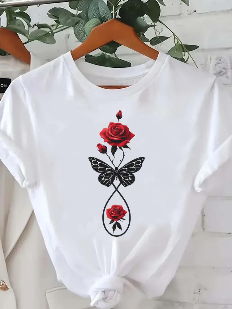 (Asian Size) Sweet Flower Cute Tee Clothing Lady Female Top Printed Women Casual T Shirt Fashion Graphic Short Sleeve T-shirts