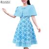 ZANZEA Women Summer Round Neck Short Sleeve Geometry Print A-line Dress