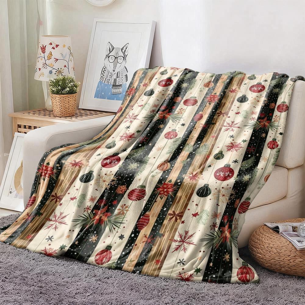 Kerst Ornament Gestreepte Fleece Deken, Retro Kerstbal Sneeuwvlok Poinsettia Bedrukte Worpdeken, Zacht Knus Feestelijk Huiscadeau