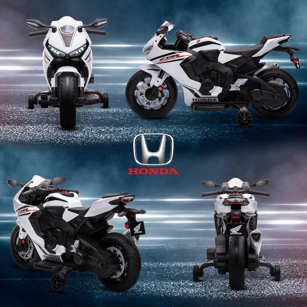 Electric Motorcycle for Children, Honda, 6 V, 3 km/h, Music, Lights, 2 Training Wheels, White