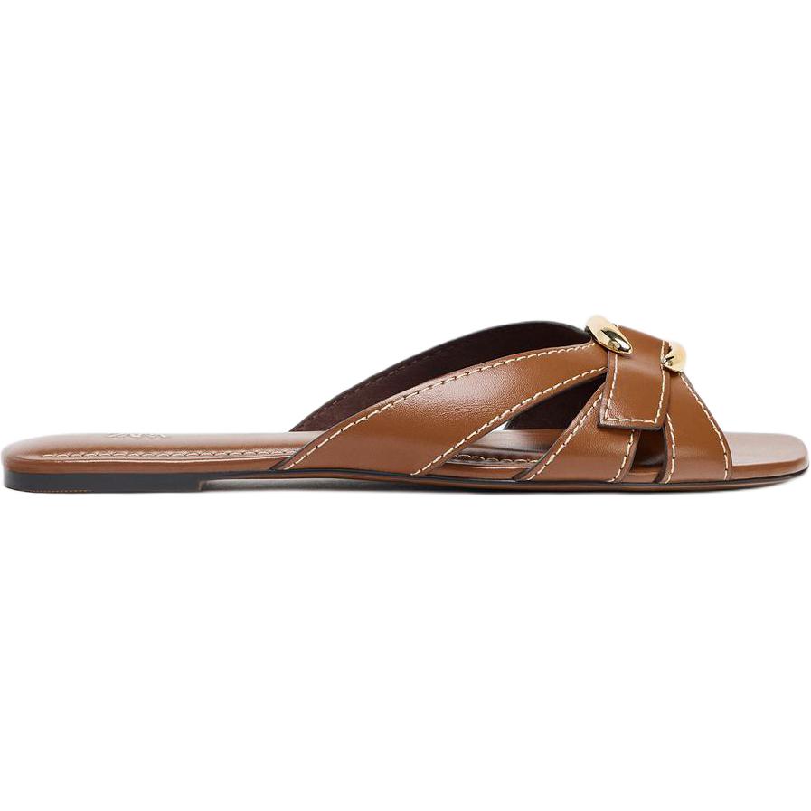 Zara Cross Strap Metallic Detail Slide Sandals Women Footwear Brown 12648610105-37