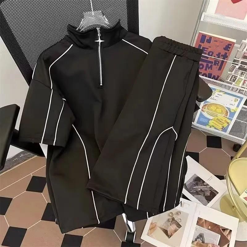 

youth Summer Suit Contrasting Color Half-zip T-shirt +Shorts Casual two piece set High Street Personalized Set XS чорний