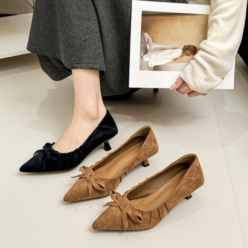 French Bow Pointed Toe Suede Stiletto Single Shoes Women's Fall 2026 New High Heels