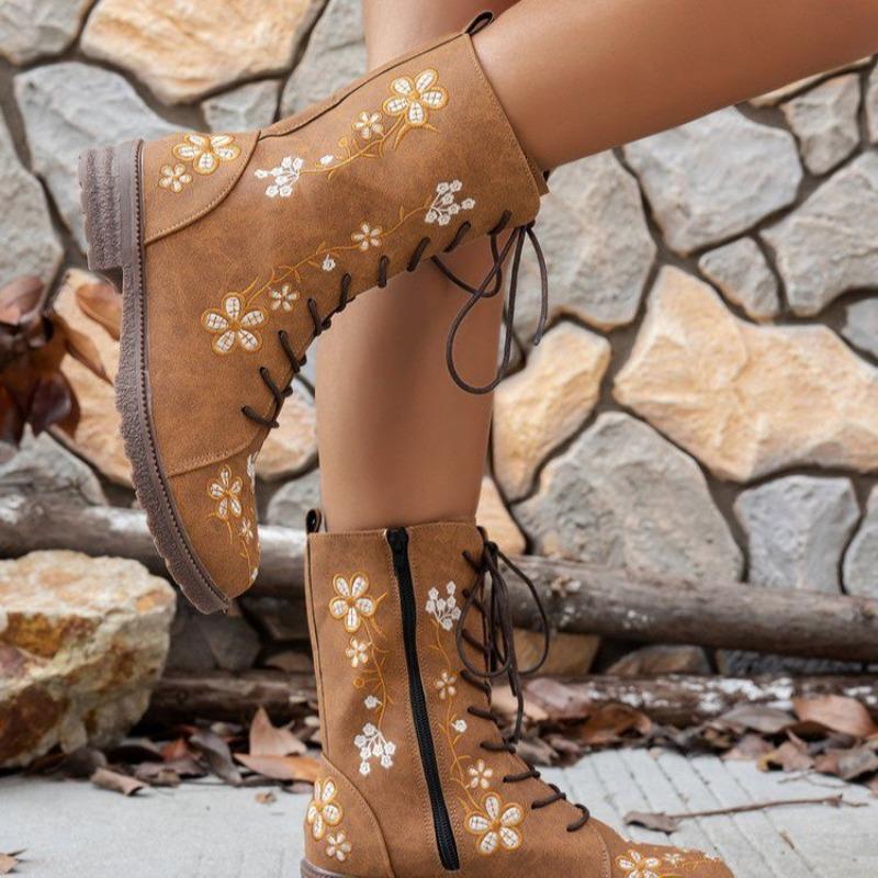 Large Size Medium Boots Women's Autumn and Winter Printed Lace-Up Martin Boots Women's Fashion Short Boots