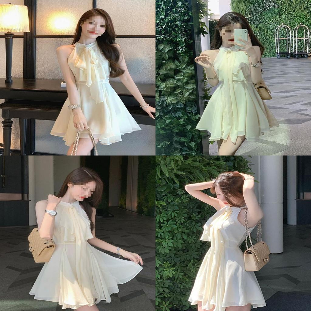French Lady Irregular Waistless Chiffon Dress With Halter Neck For Summer Fashion
