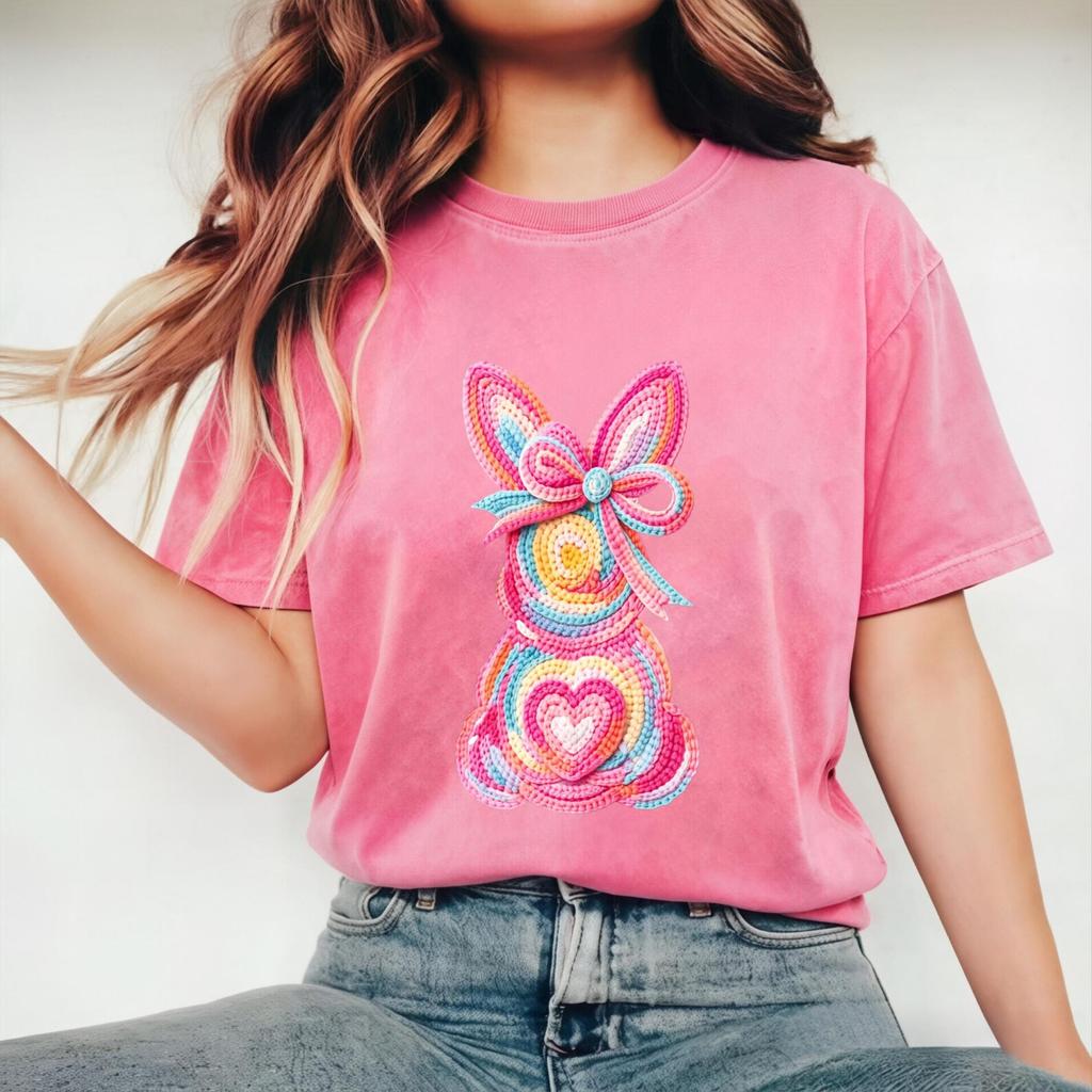 Cute Easter Bunny with Bow and Heart Print T-Shirt, 230g Pure Cotton, Vintage Crewneck Short Sleeve, Summer Gift for Her