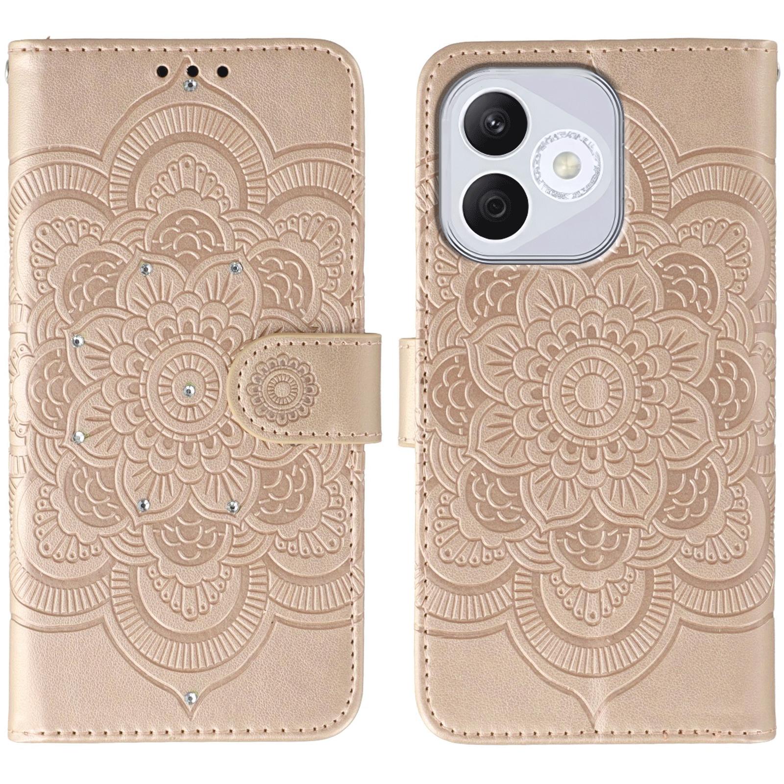 

For Honor 400 Lite 5G Case Rhinestone Decor PU Leather Mandala Imprinted Design Phone Cover with Wrist Strap Rose Gold