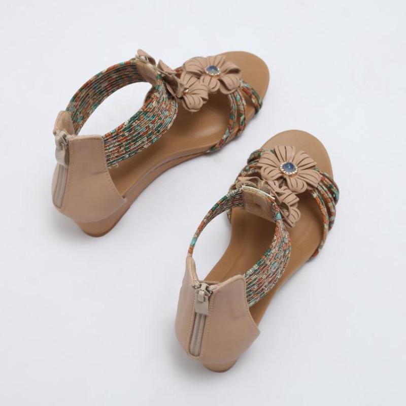 Mode 2025 Compensées Sandales d'été Chaussures pour femmes Fermeture éclair Cheville Bout ouvert Bohème Mode Sandales de plage Chaussures habillées pour femmes Sandalias De Mujer