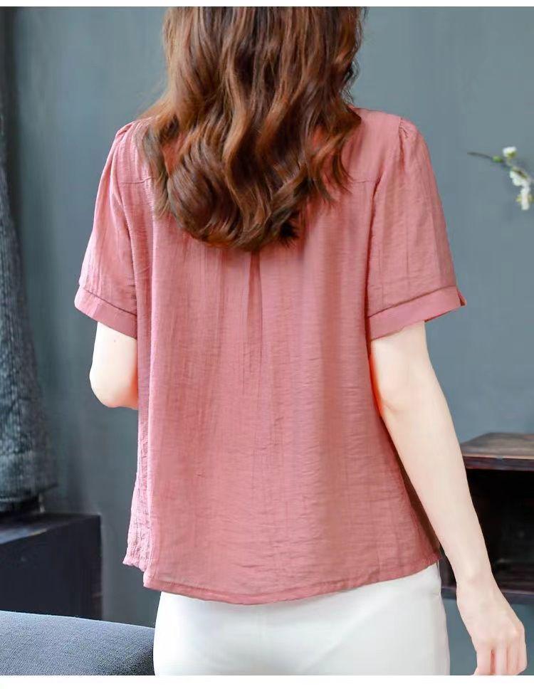 Spring/Summer 2025 Cotton-Linen Loose Slimming Round Neck Solid Color Blouse for Moms