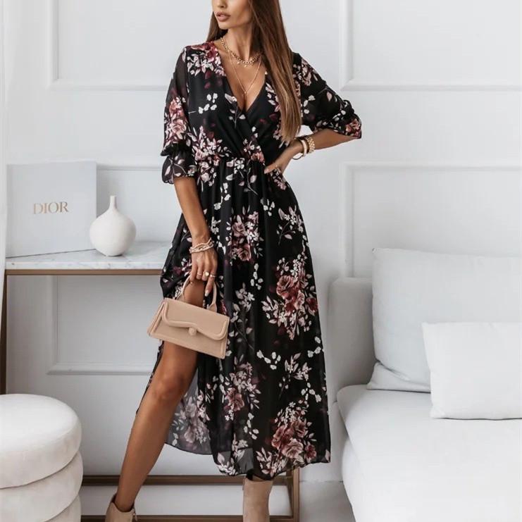 Europäisches & Amerikanisches Damen V-Ausschnitt Blumen Chiffon Kleid - Figurbetont mit Seitenschlitz, 2026 Kollektion