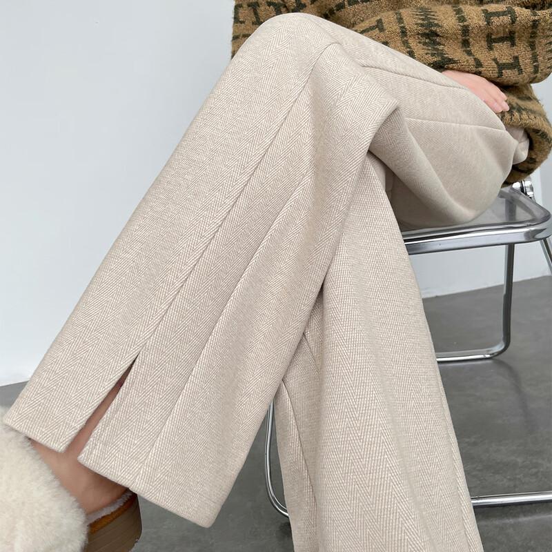 Women's High-Waist Wool-Blend Herringbone Wide-Leg Slit Casual Pants