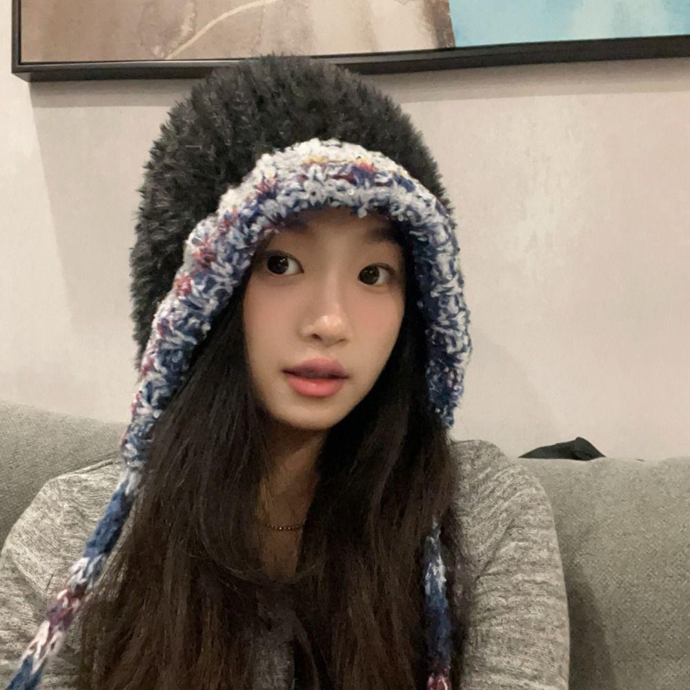 Plush Knitted Y2k Drawstring Hat New Design Pullover Beanie Hat Winter Crossbody Bag-hat  Women