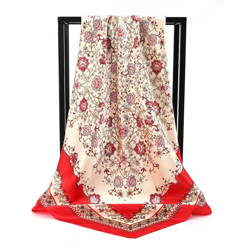 90*90Cm Women Elegant Floral Printed Square Imitation Silk Scarf Hijab Women Luxury Sunscreen And Dustproof Kerchief Head Scarf
