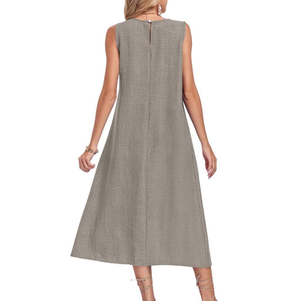European & American Women's Sleeveless Round Neck Pocket Dress - Solid Color, Casual Style (2026)