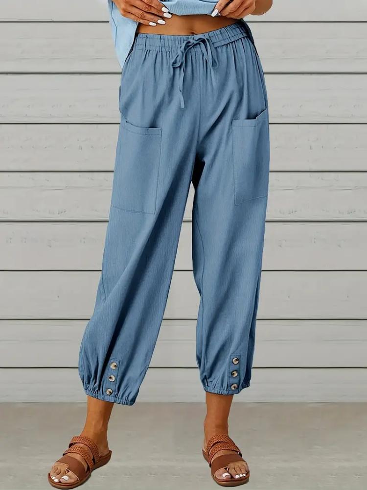 Women Capri Pants Drawstring High Waist Trousers Wide Leg Cropped Pants with Pockets