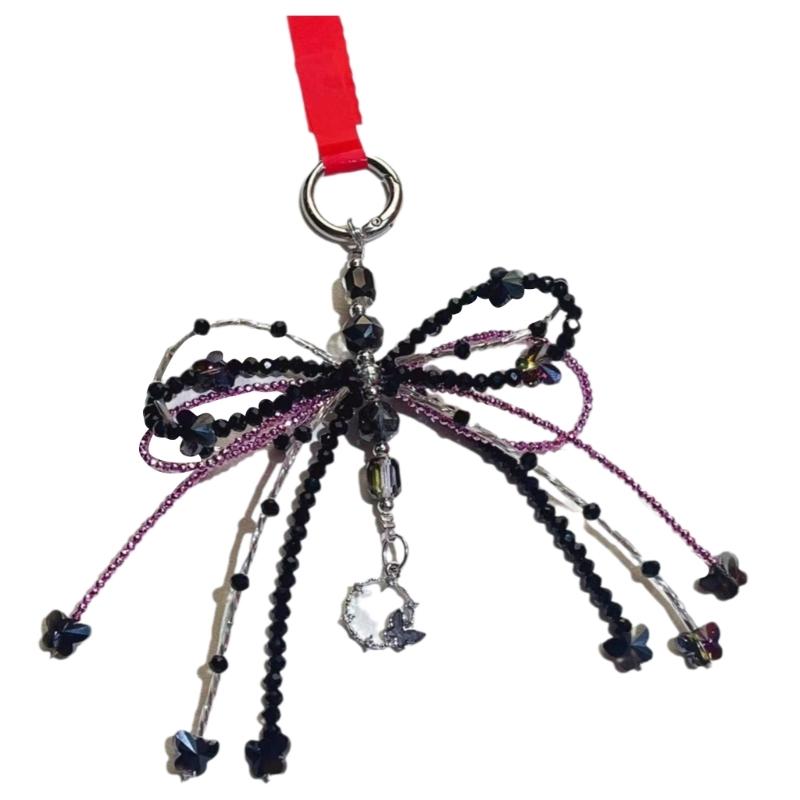 

Black Crystal Bowknot Hanging Decors Convenient Phone Lanyard Sophisticated Bowknot Pendant Keychain Phone Accessory 1