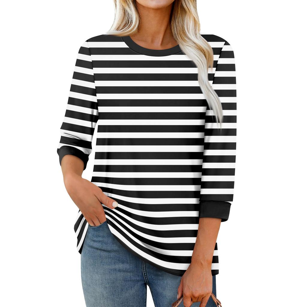 Women's Fashion Casual Seven Sleeve T-Shirt Print Round Neck Top