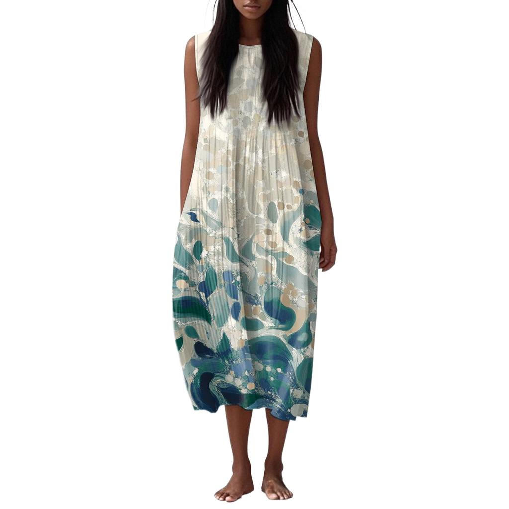 Women's Fashion Casual Sleeveless Round Neck Floral Elegant Temperament Dress