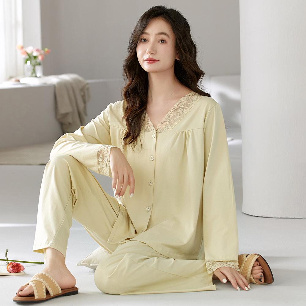 Women's V-Neck Long-Sleeve Pajama Set - Lycra Cotton, Sweet & Comfortable for Home or Out.