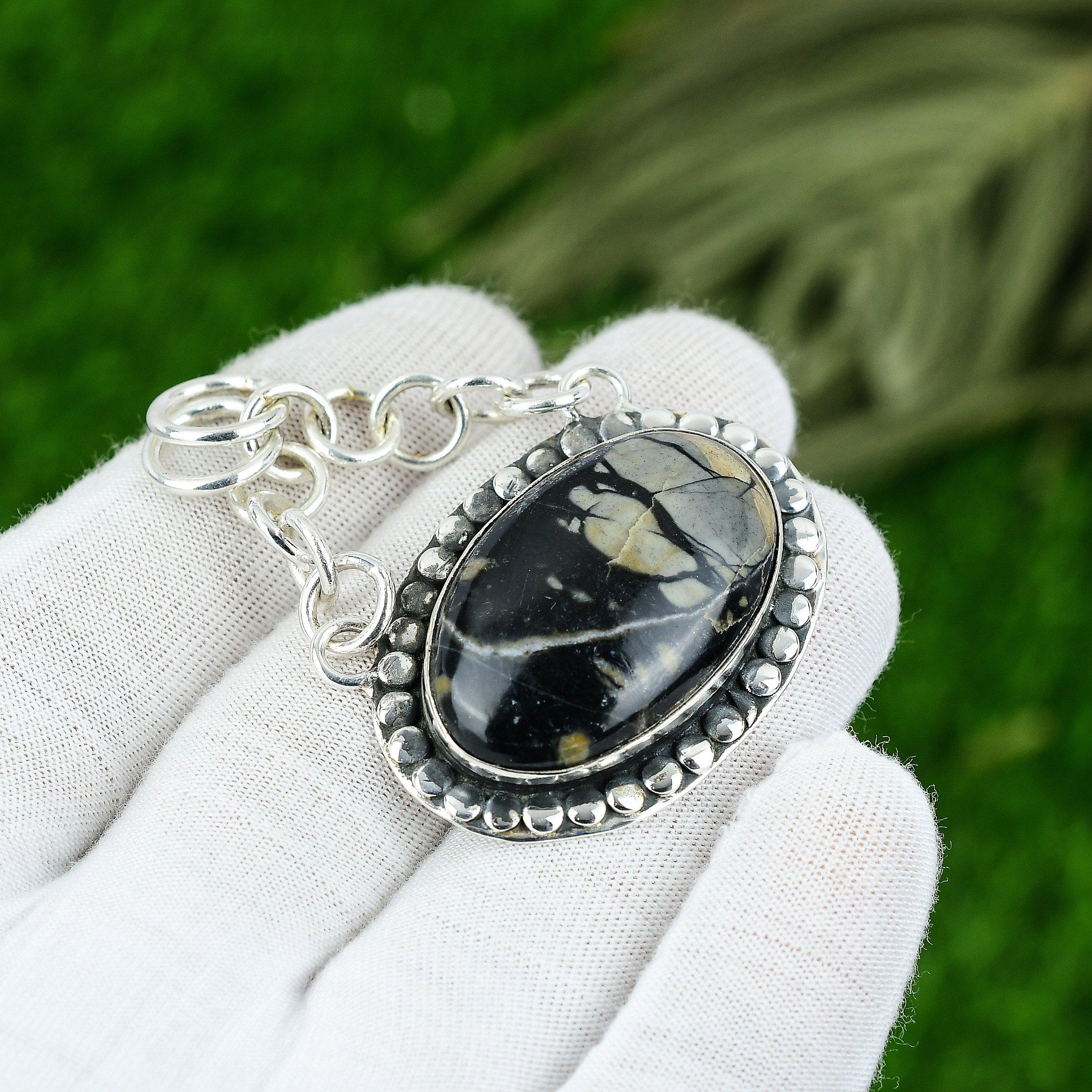 

Natural Picasso Jasper Gemstone Pendant Black 925 Sterling Silver Indian Jewelry