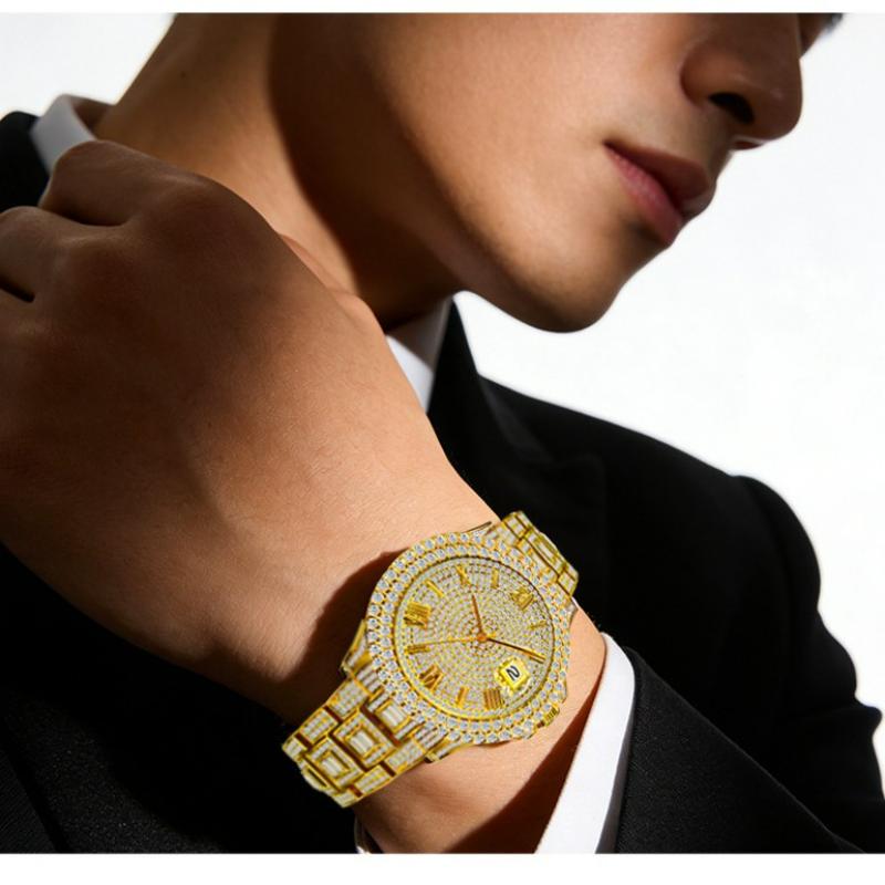 Men Luxury Full Diamond Quartz Watch Roman Numeral Date Display Iced Out Hip Hop Wrist Watch Waterproof