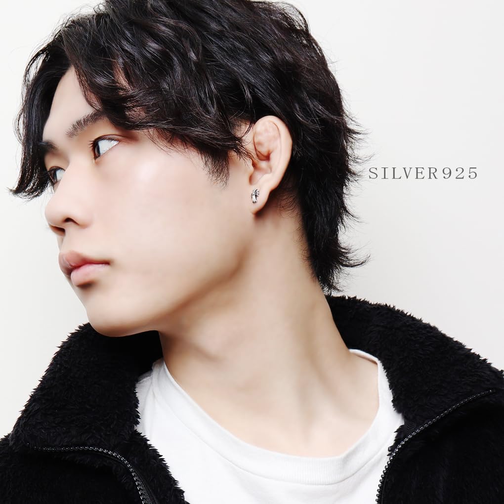 [Shinjuku Gin no Kura] Gothic Cross Stud Earring, 925 Sterling Silver, Single Earring, Men's, Simple, Lily Design
