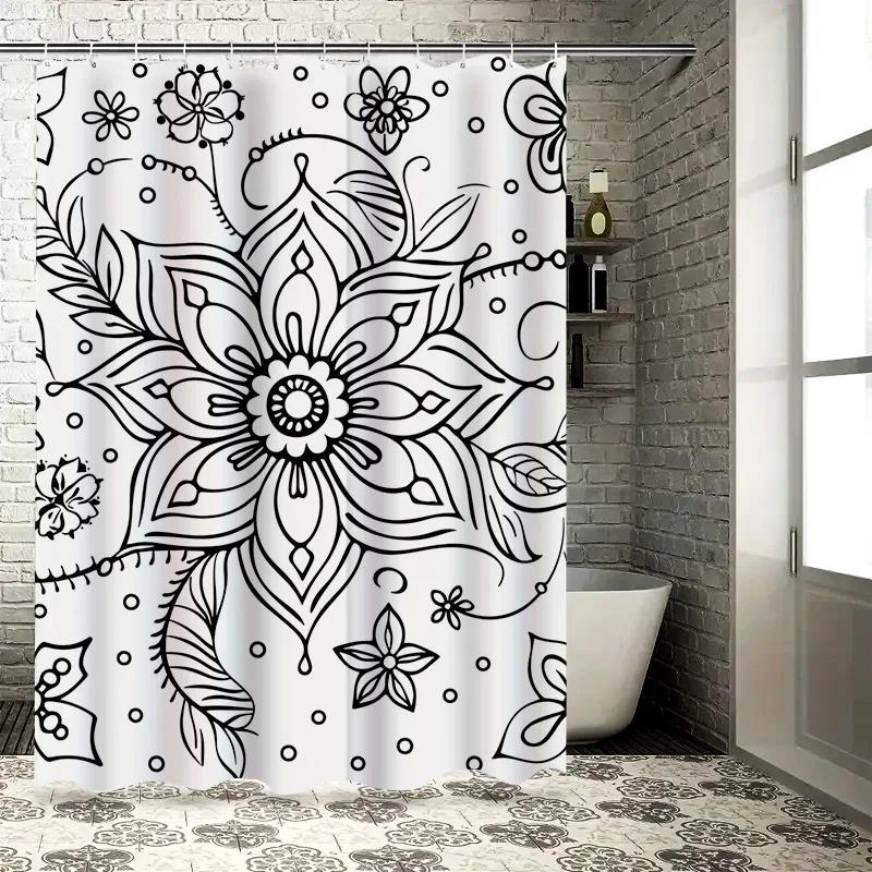 Black White Floral Shower Curtain Decorative Pattern for Home Bathroom Modern Design with Leaves and Petals Print