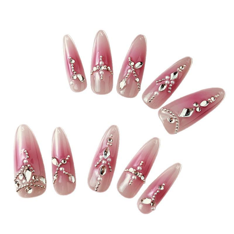 Blush Sparkle Rhinestone Nail Stickers with Steel Beads - Translucent Manicure for Spicy Girls