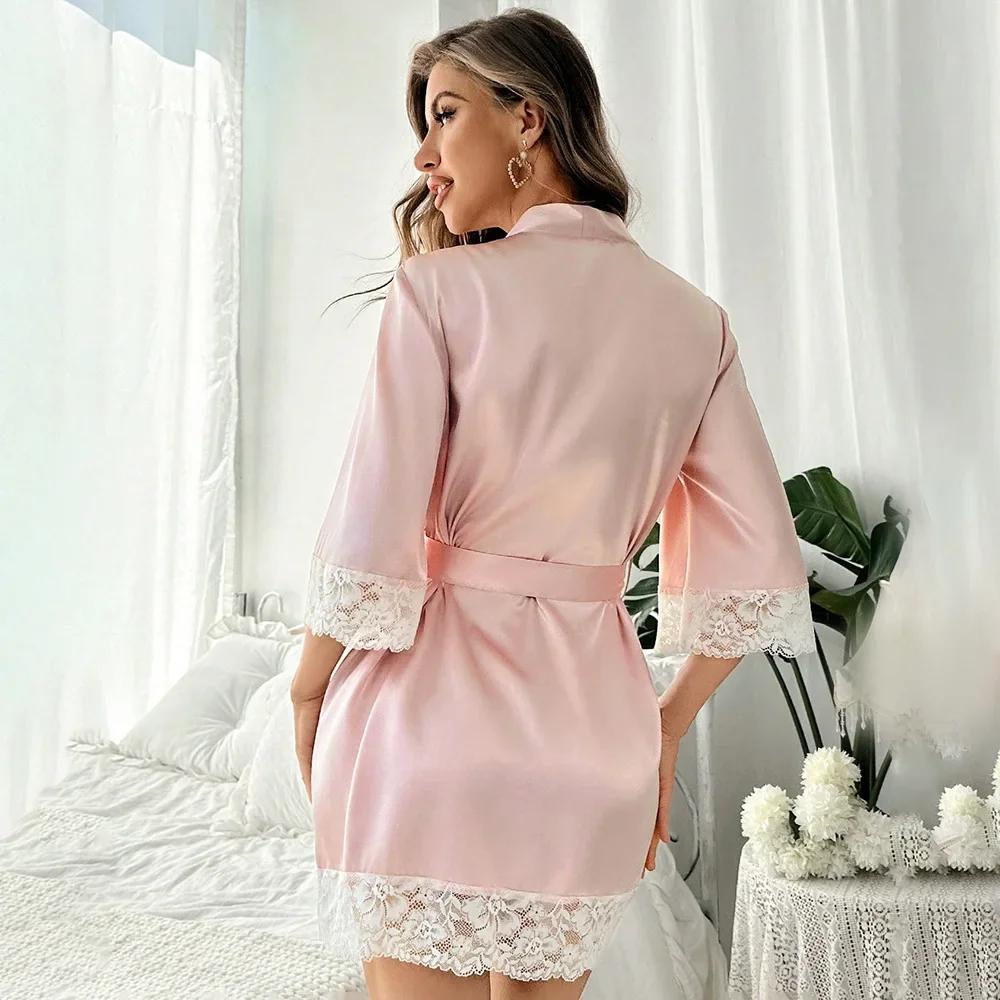 Women's Sexy Lace Bathrobe Pajamas Female Soft and Comfortable Solid Color Sleepwear V-Neck Bathrobe Pajamas